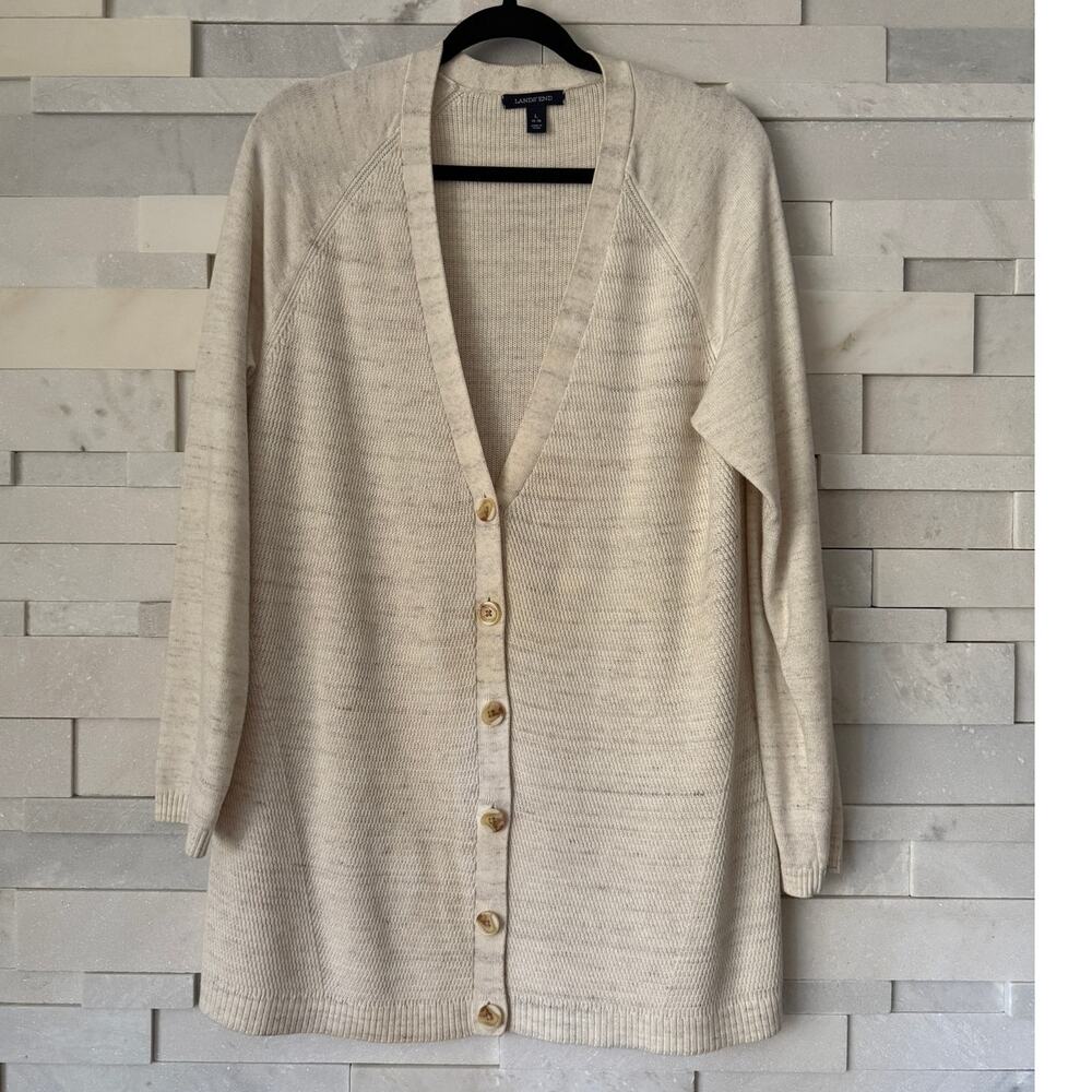 LANDS' END 100% Cotton Thermal Knit Longline Cardigan Sweater Cream Space Dye L